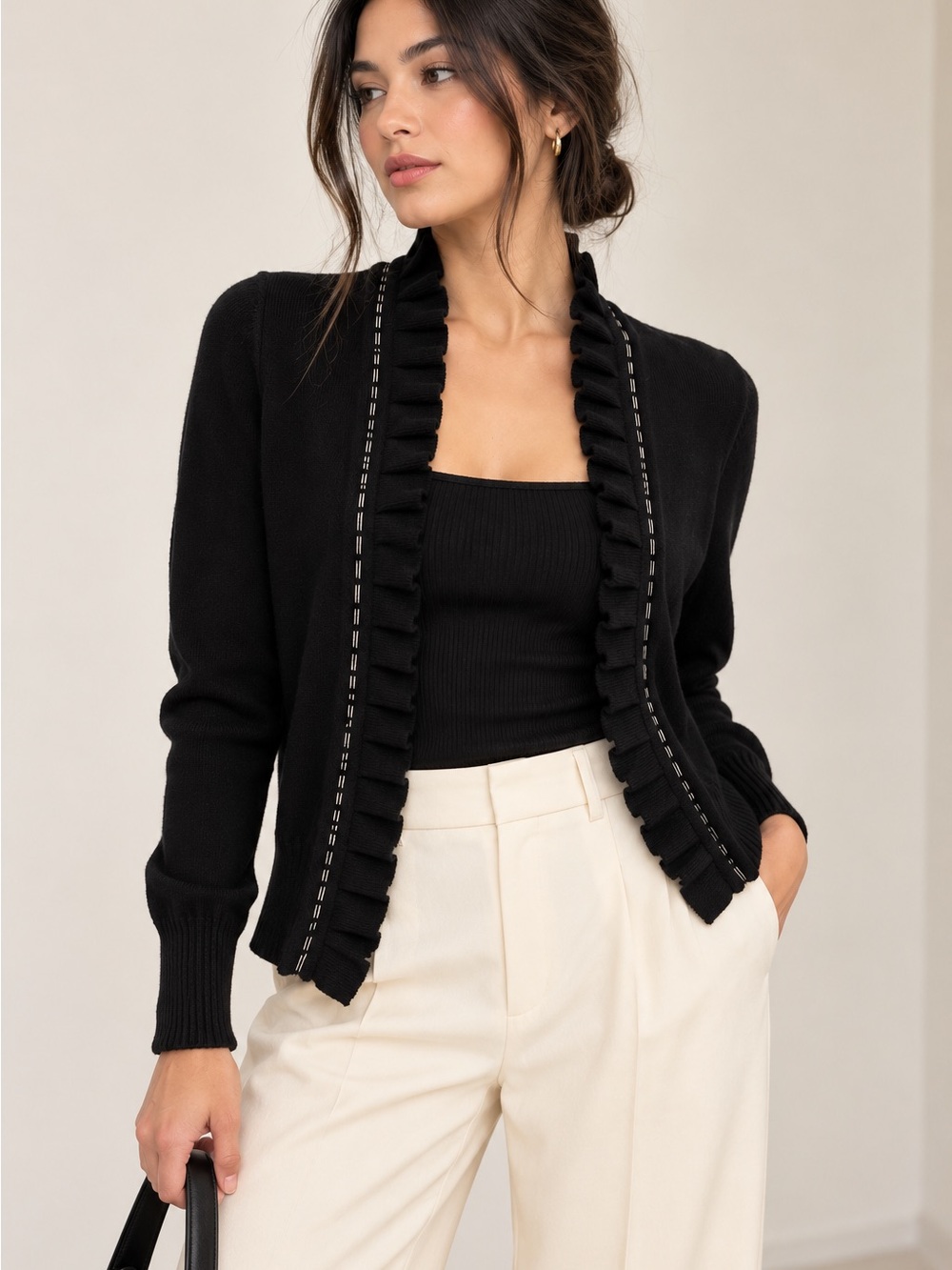 Banana Republic Extra Fine Merino Wool Ruffle Cardigan Black Size S